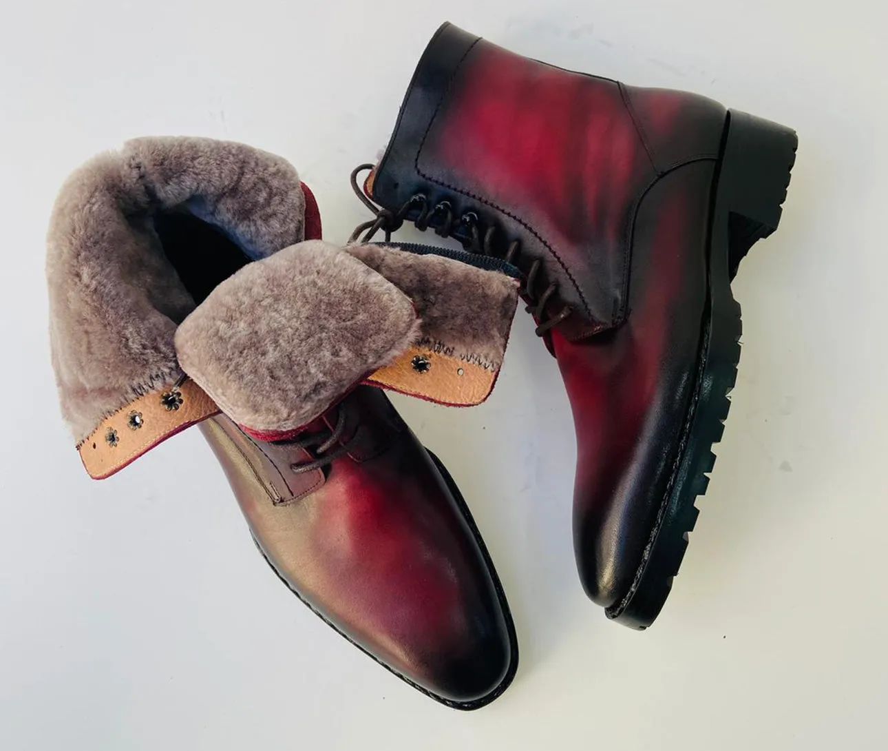 Buy TucciPolo Mens handmade Luxury Italian leather Winter Fur burnished burgundy dress Boots