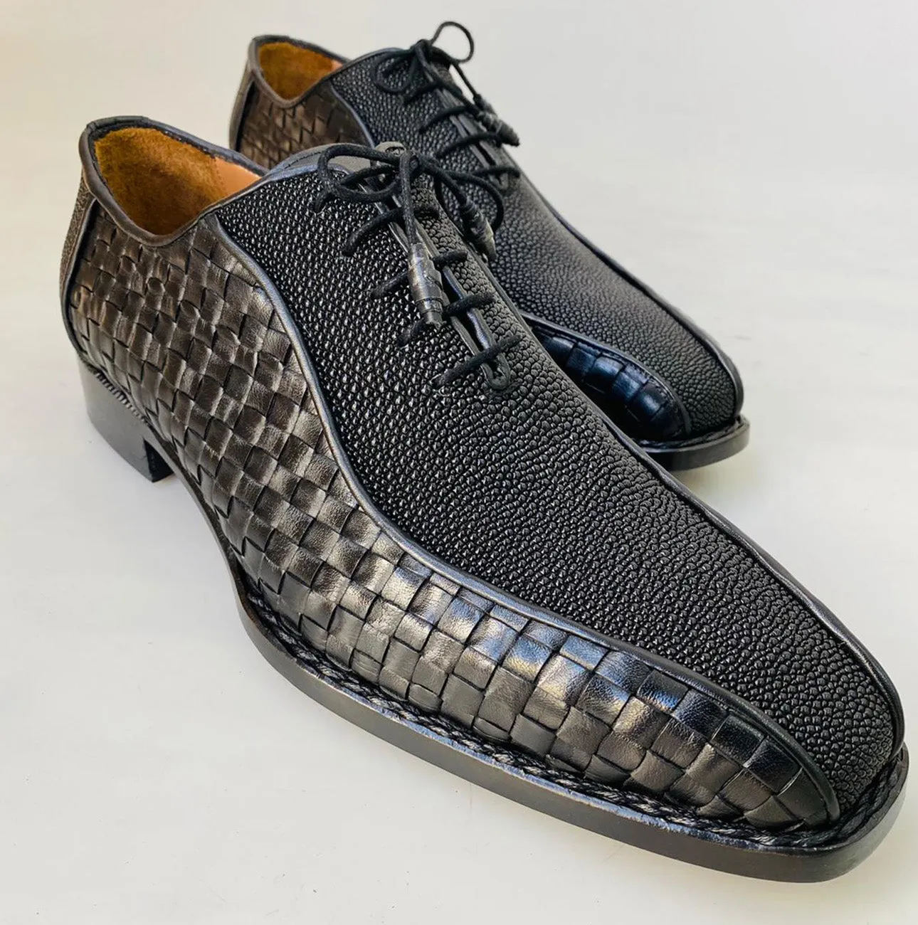 New TucciPolo Half Genuine Black Stingray with Weave Leather Prestigiously HandWelted Oxford Mens Luxury Shoes