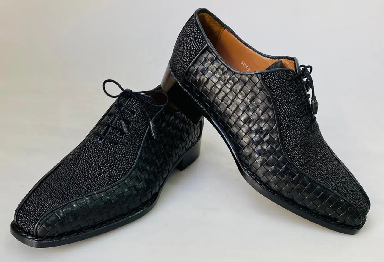 New TucciPolo Half Genuine Black Stingray with Weave Leather Prestigiously HandWelted Oxford Mens Luxury Shoes