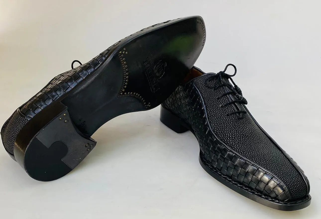 New TucciPolo Half Genuine Black Stingray with Weave Leather Prestigiously HandWelted Oxford Mens Luxury Shoes