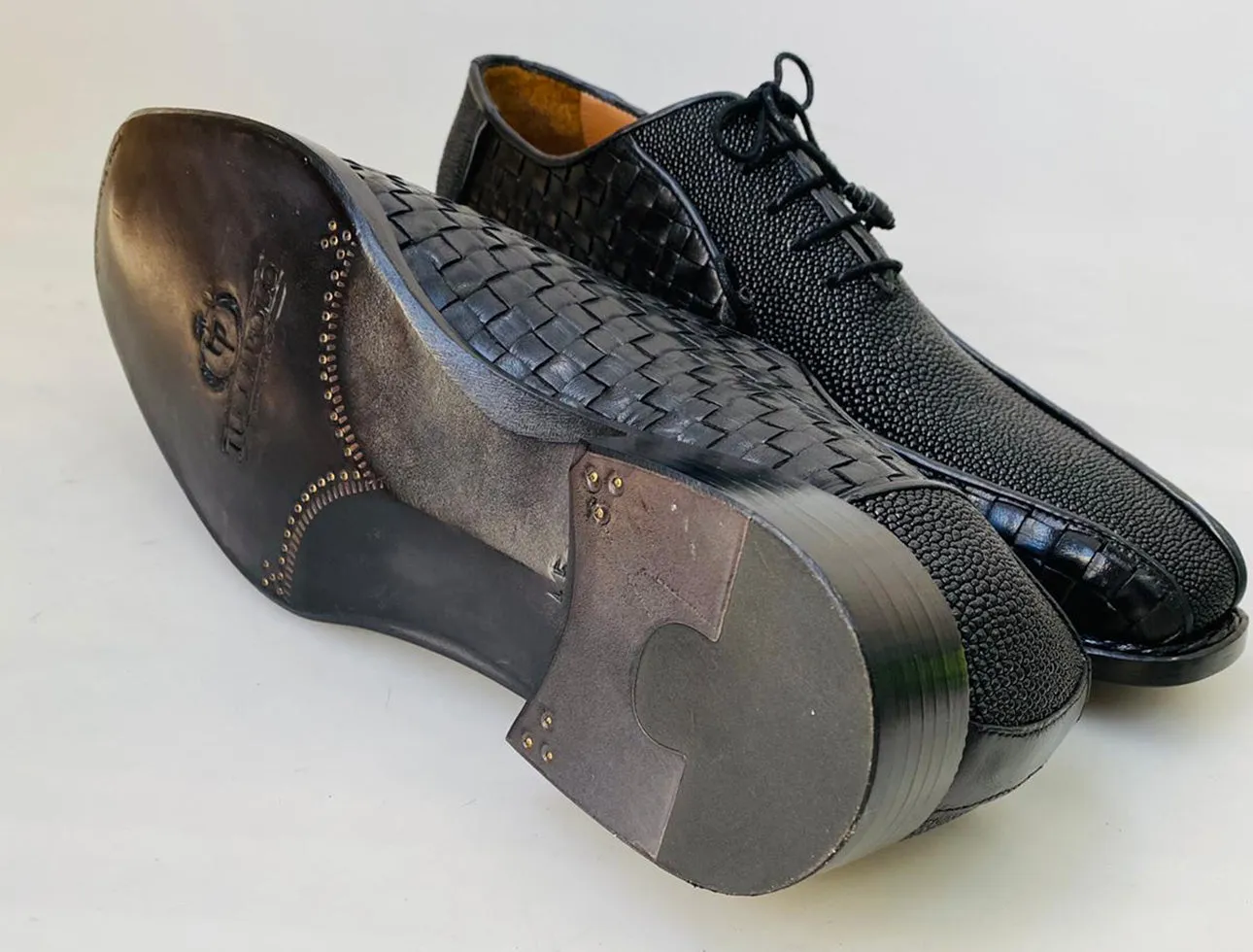 New TucciPolo Half Genuine Black Stingray with Weave Leather Prestigiously HandWelted Oxford Mens Luxury Shoes