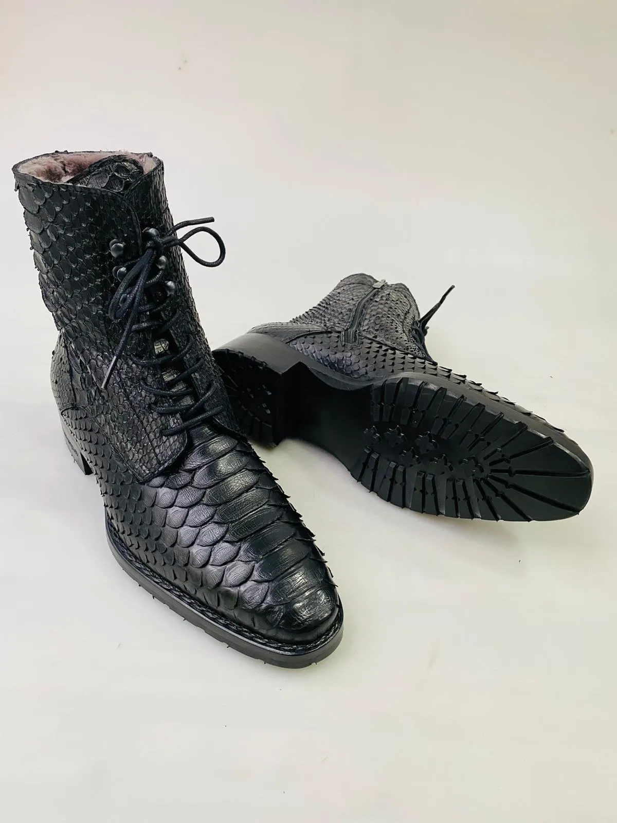 New TucciPolo Mens Winter Luxury Black Boots Handcrafted with Real Python Leather and Fur Lining