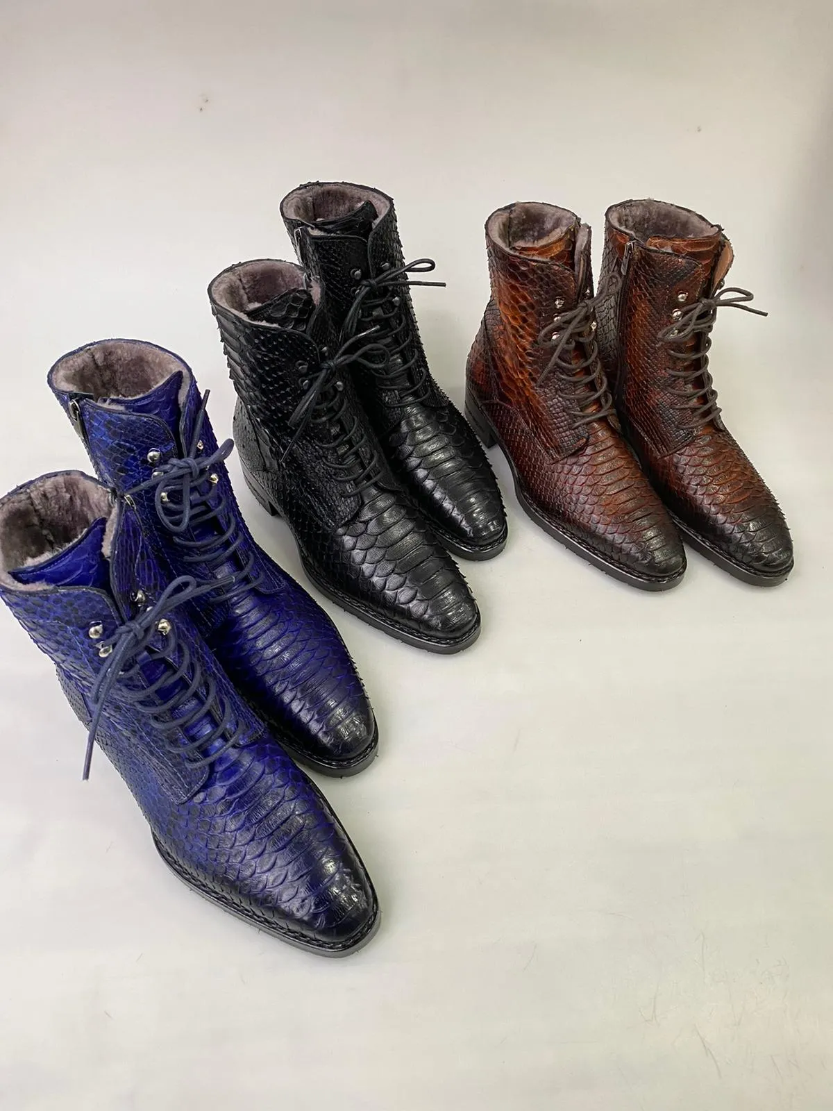 New TucciPolo Mens Winter Luxury Black Boots Handcrafted with Real Python Leather and Fur Lining