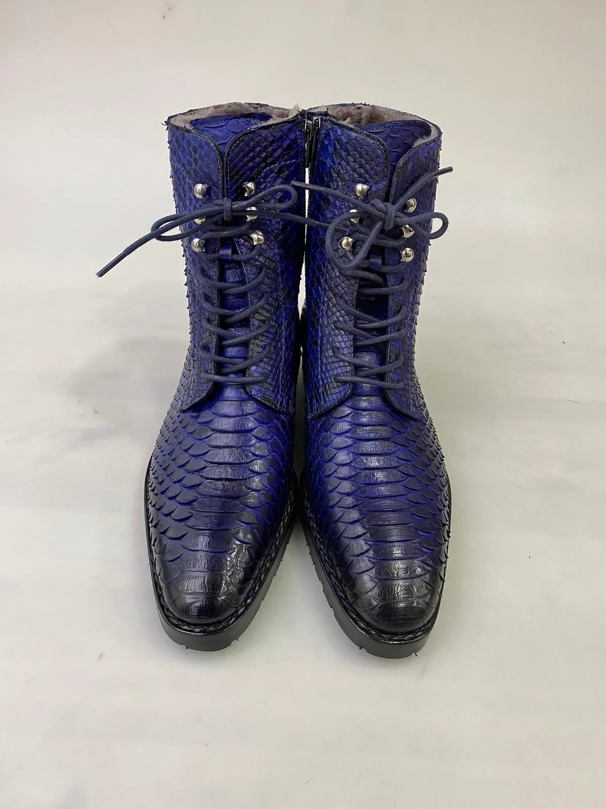 New TucciPolo Mens Winter Luxury Blue Boots Handcrafted with Real Python Leather and Fur Lining
