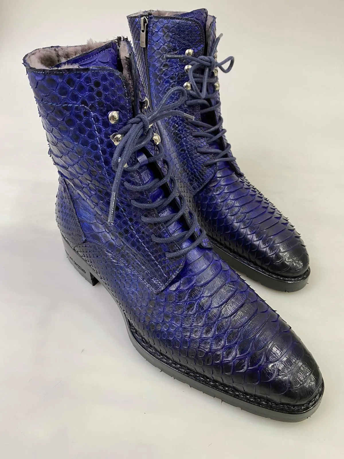 New TucciPolo Mens Winter Luxury Blue Boots Handcrafted with Real Python Leather and Fur Lining
