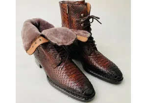 New TucciPolo Mens Winter Luxury Brown Boots Handcrafted with Real Python Leather and Fur Lining