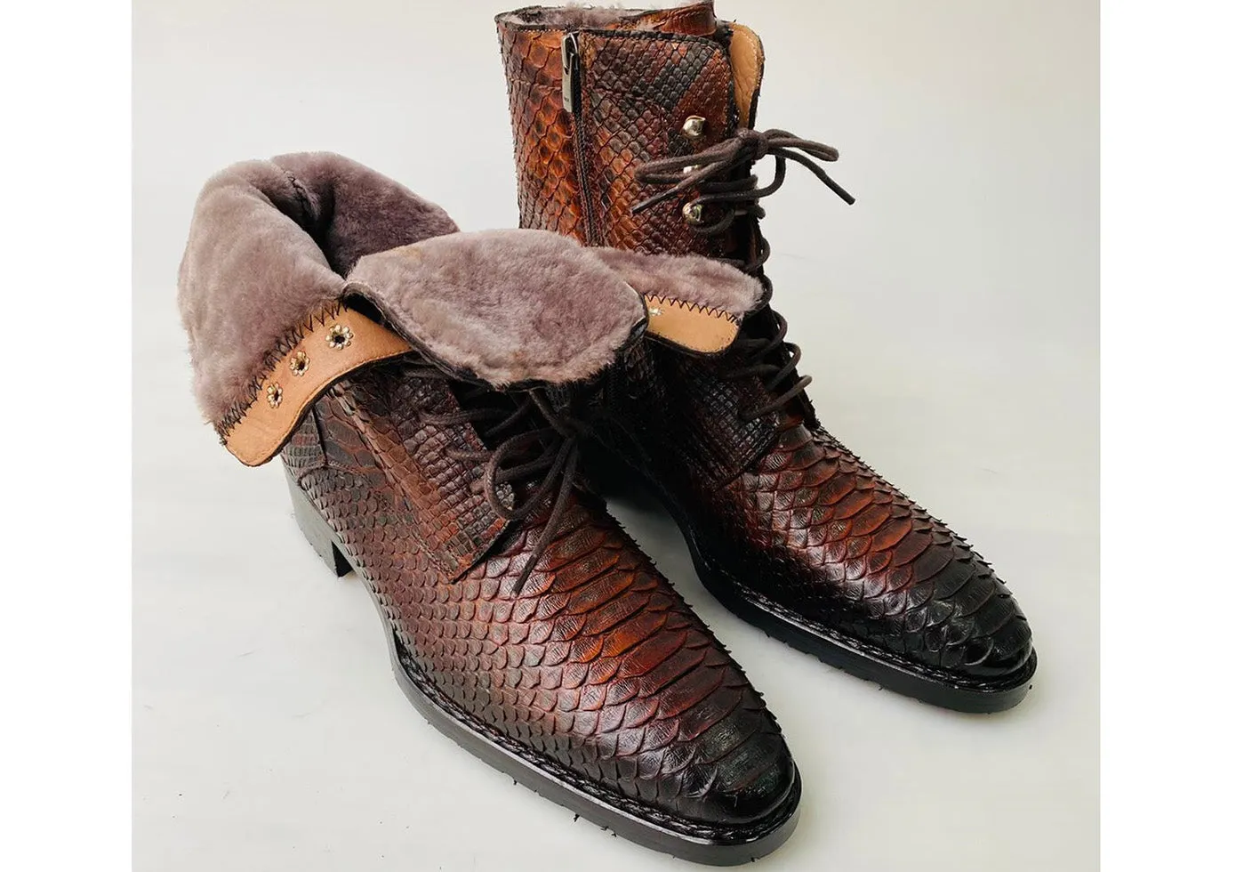New TucciPolo Mens Winter Luxury Brown Boots Handcrafted with Real Python Leather and Fur Lining
