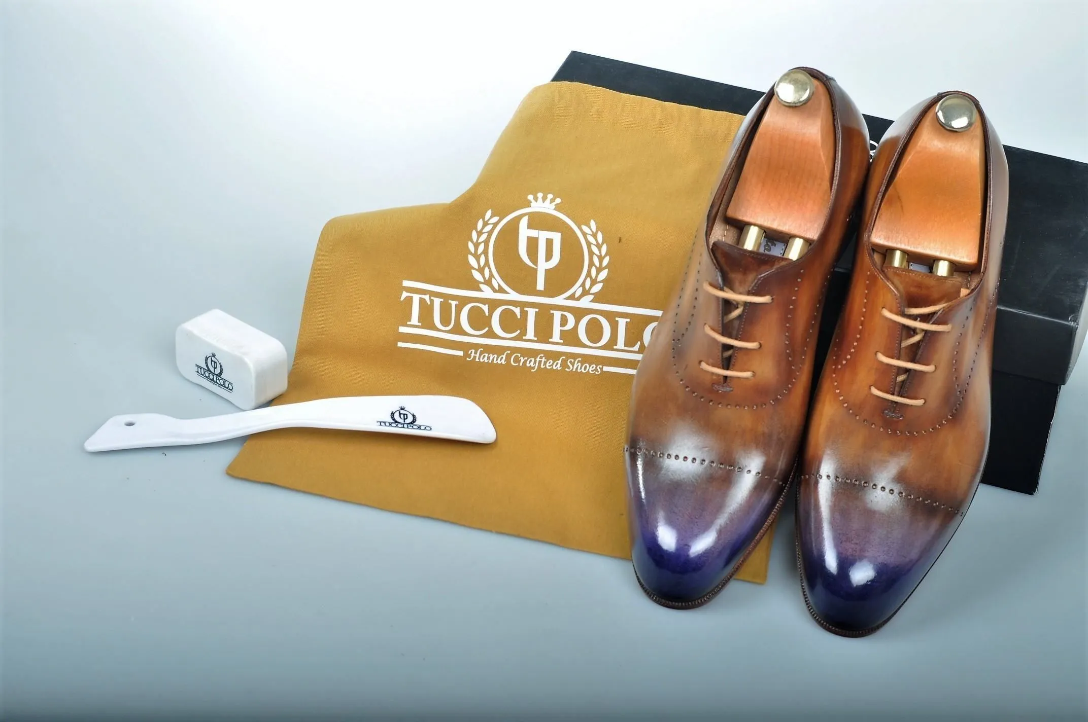Special Design TucciPolo Prestigiously Handcrafted Brown with Blueish Toe Luxury Oxford Mens Italian Leather Shoes