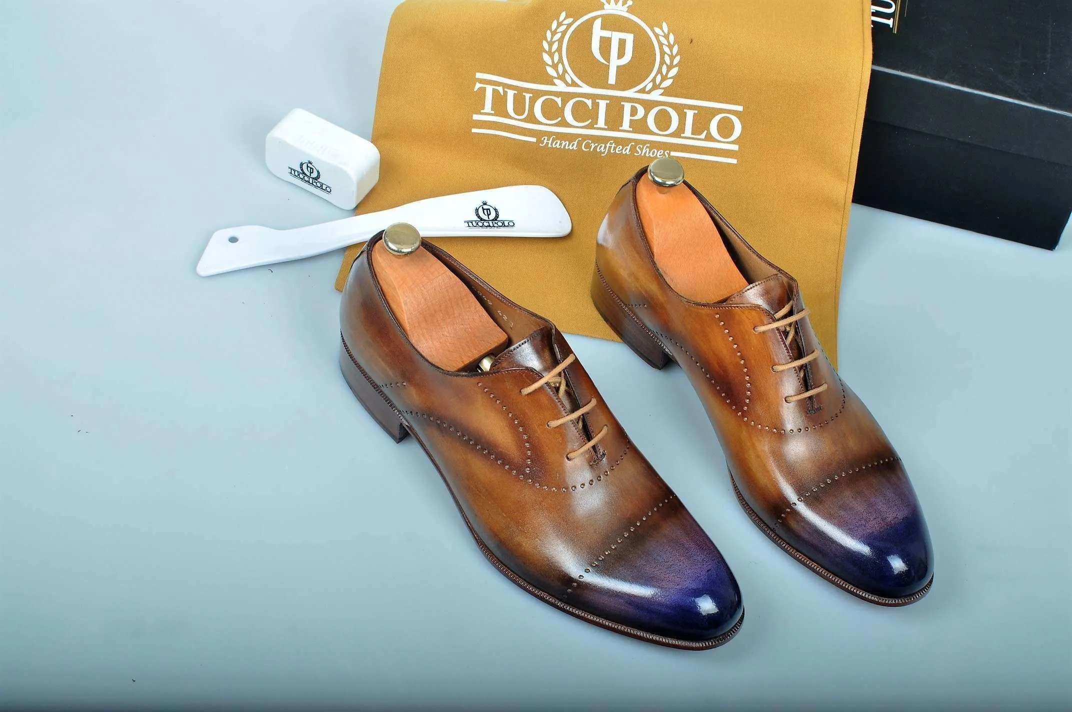 Special Design TucciPolo Prestigiously Handcrafted Brown with Blueish Toe Luxury Oxford Mens Italian Leather Shoes
