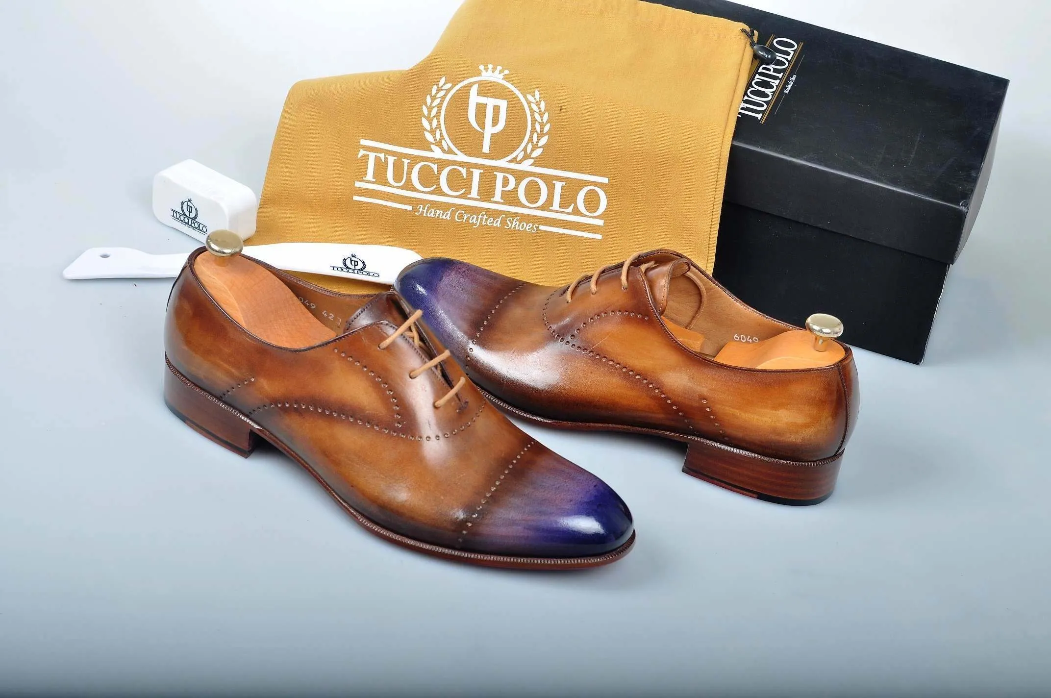 Special Design TucciPolo Prestigiously Handcrafted Brown with Blueish Toe Luxury Oxford Mens Italian Leather Shoes