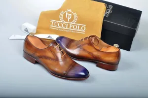 Special Design TucciPolo Prestigiously Handcrafted Brown with Blueish Toe Luxury Oxford Mens Italian Leather Shoes