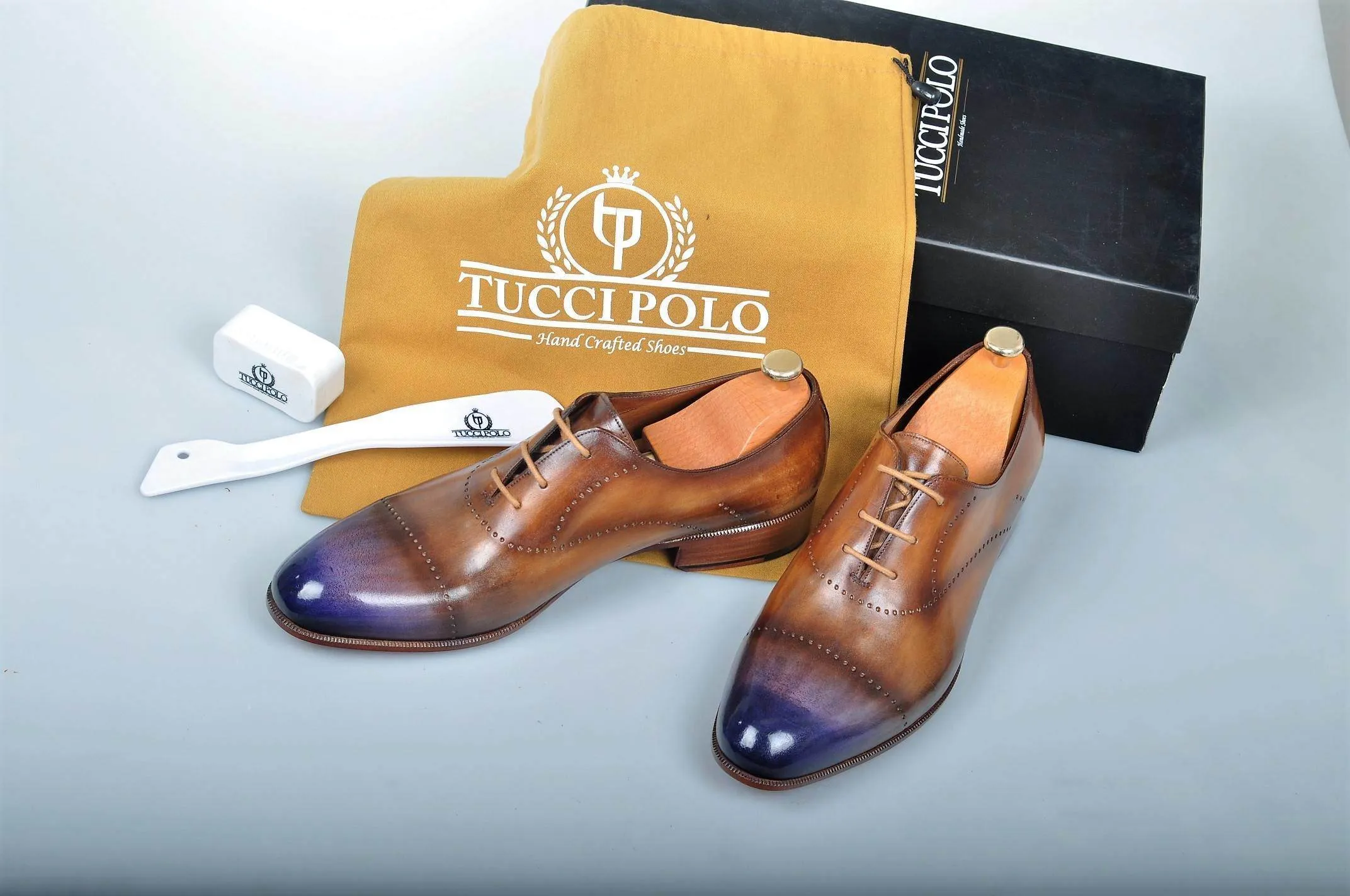 Special Design TucciPolo Prestigiously Handcrafted Brown with Blueish Toe Luxury Oxford Mens Italian Leather Shoes