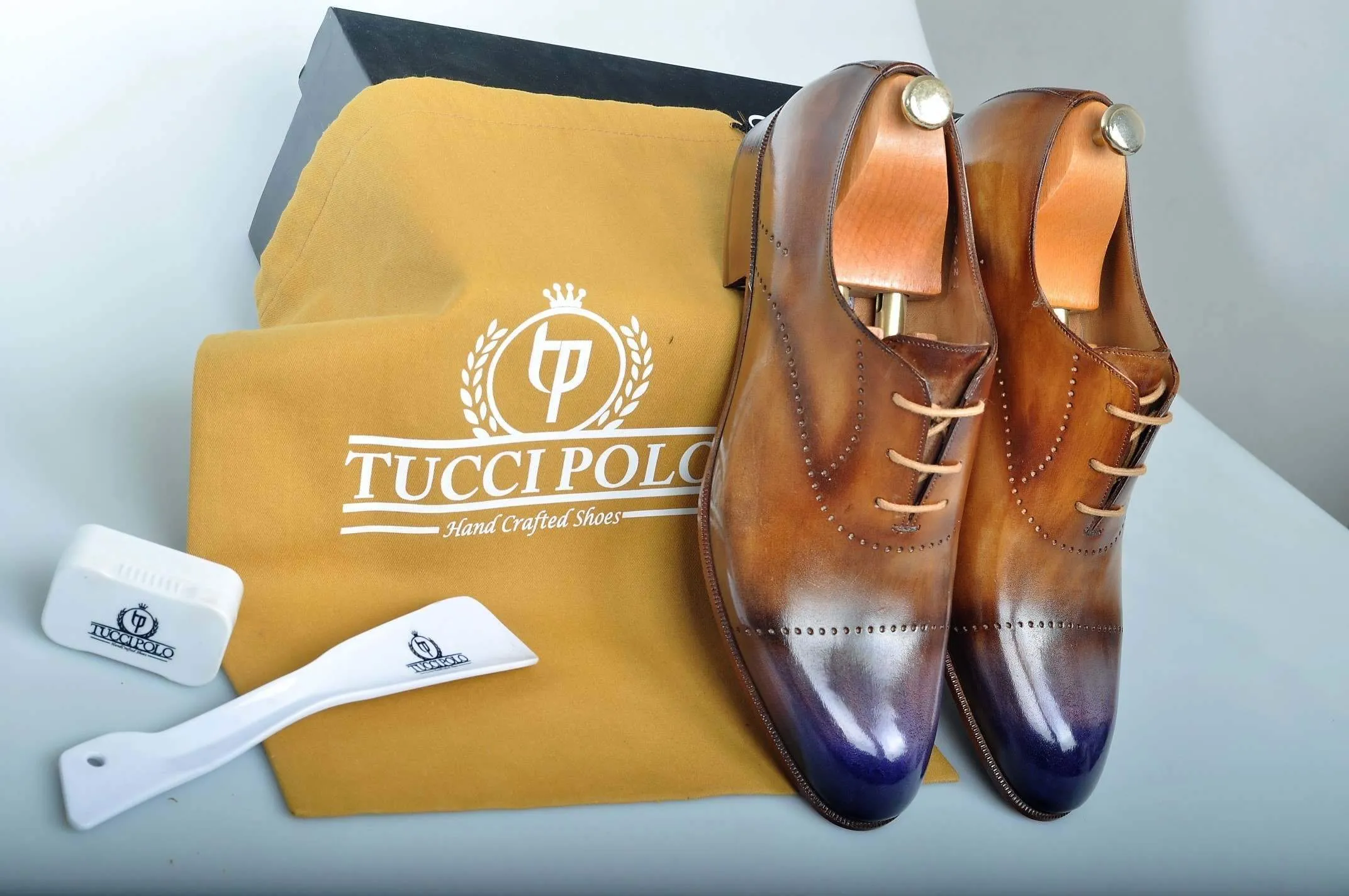 Special Design TucciPolo Prestigiously Handcrafted Brown with Blueish Toe Luxury Oxford Mens Italian Leather Shoes