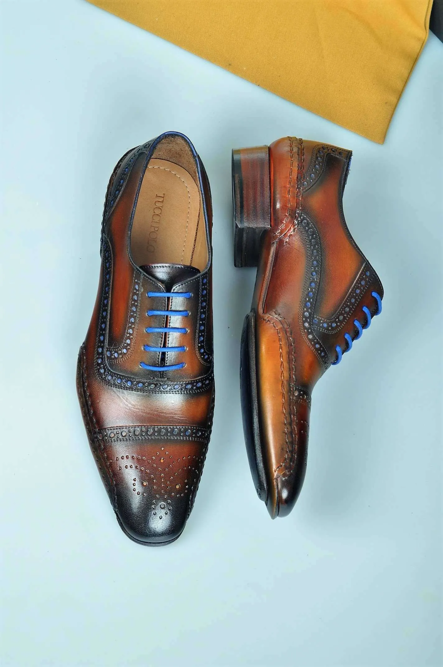 Special Edition TucciPolo Brown & Blue Prestigiously Designed HandWelted Oxford Mens Luxury Shoes