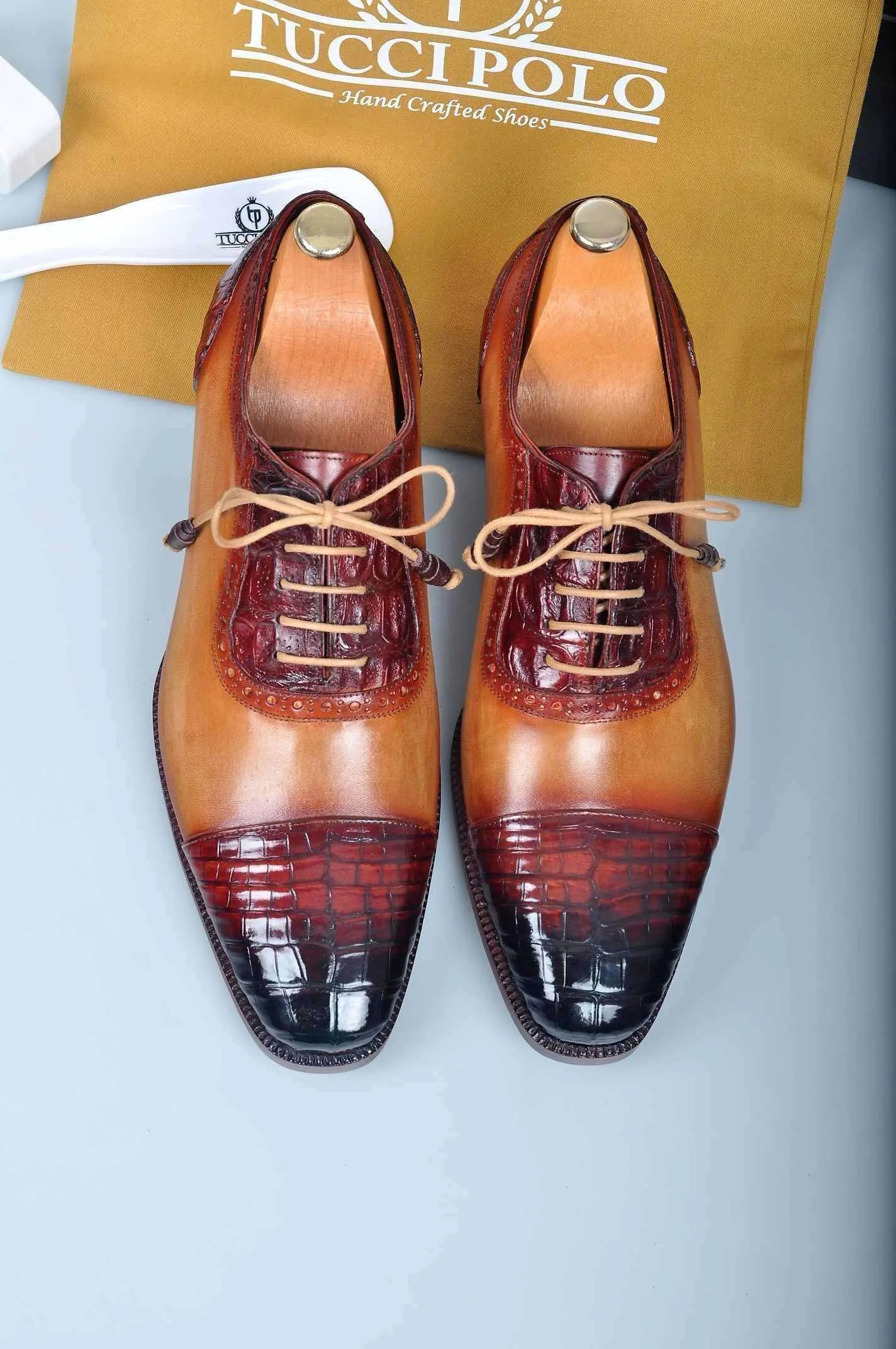 Special Edition TucciPolo Prestigiously Handcrafted Mens Half Aligator Leather with Calf Skin Luxury Cap toe Shoes