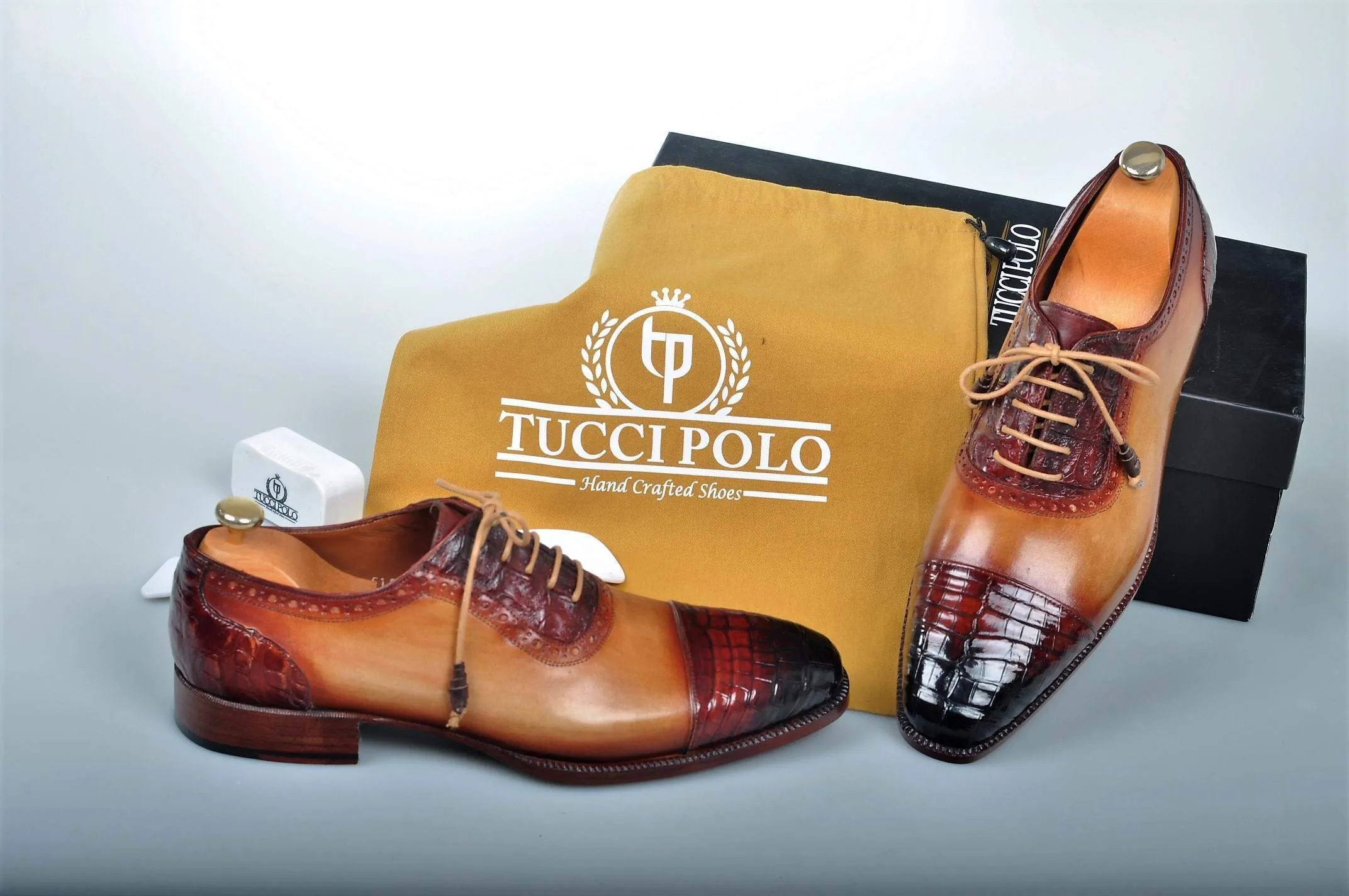 Special Edition TucciPolo Prestigiously Handcrafted Mens Half Aligator Leather with Calf Skin Luxury Cap toe Shoes