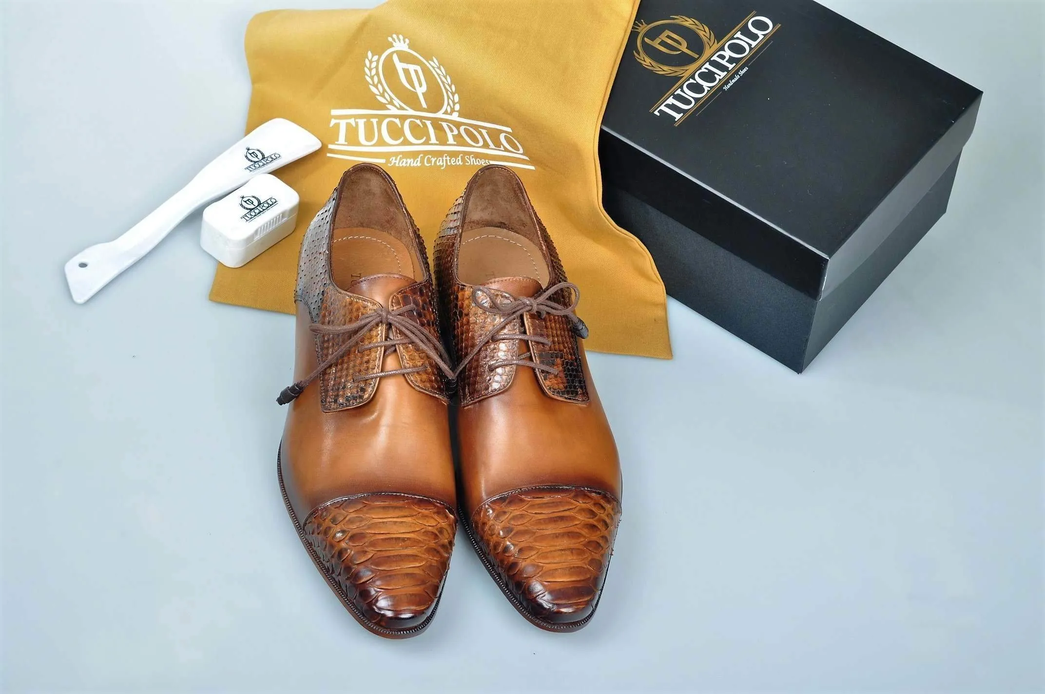 Special Edition TucciPolo Prestigiously Handcrafted Python Exotic Skin Leather Mens Derby Captoe Luxury Shoes