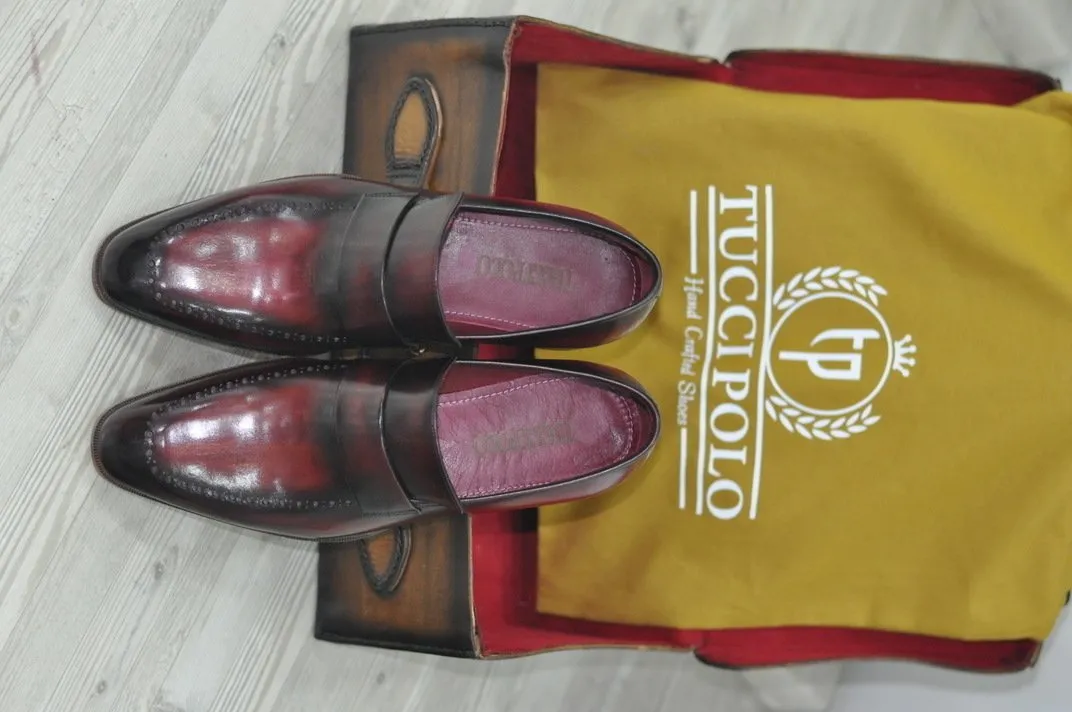 TucciPolo Alvaro Handmade Mens Burgundy Stylish Loafers Italian Leather Shoe