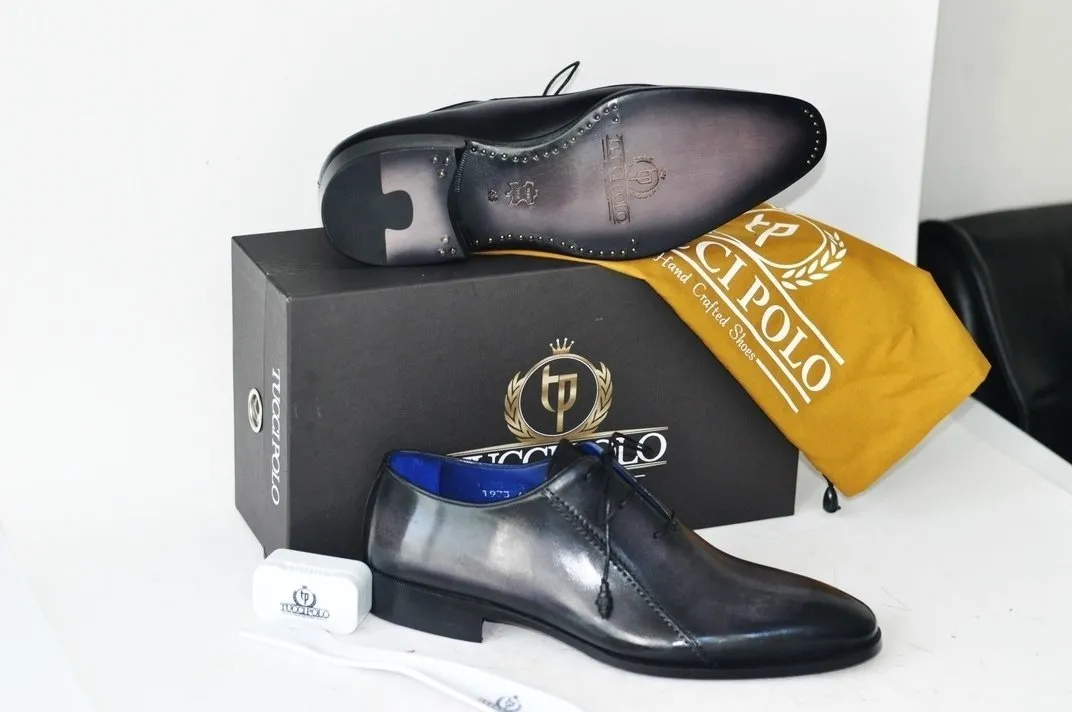 TucciPolo Black Oxford Mens Handcrafted Italian Leather Luxury Shoe with Leather Wrapped Laces