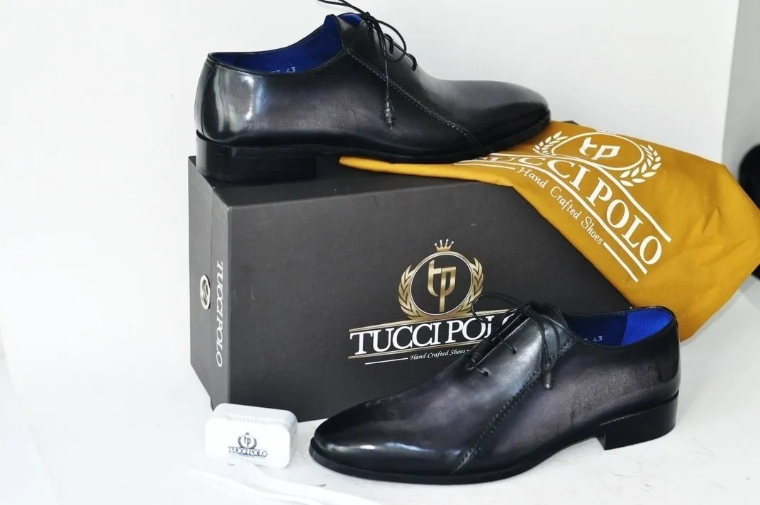 TucciPolo Black Oxford Mens Handcrafted Italian Leather Luxury Shoe with Leather Wrapped Laces