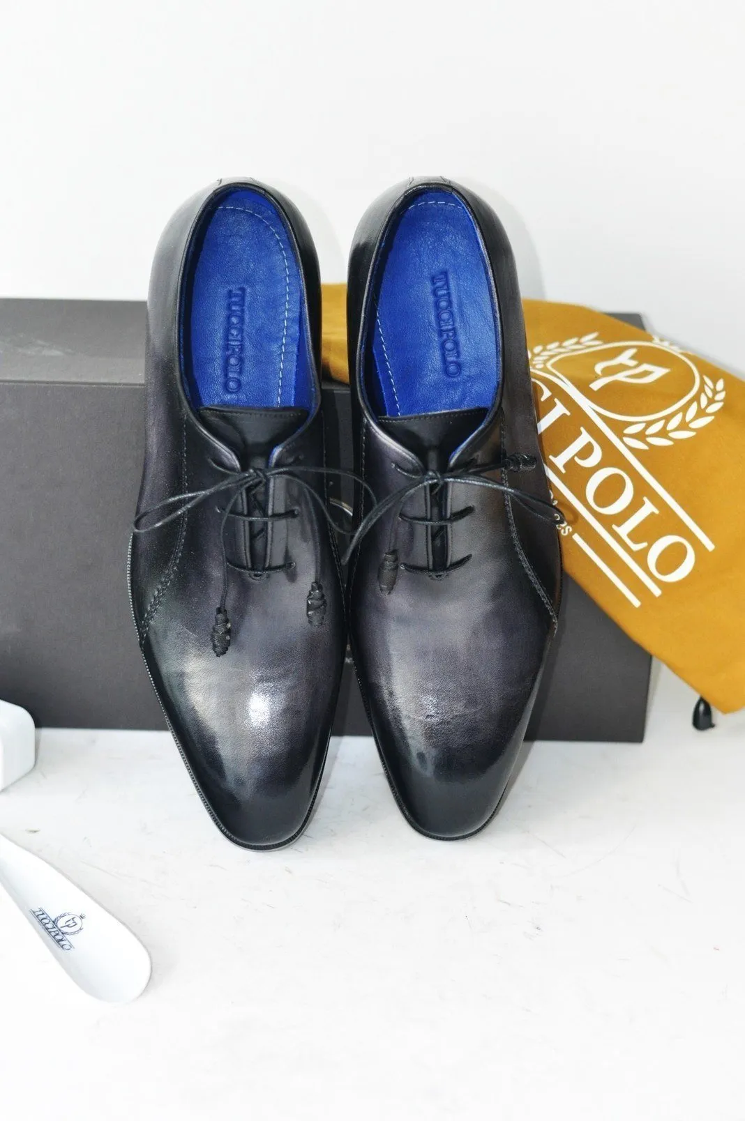 TucciPolo Black Oxford Mens Handcrafted Italian Leather Luxury Shoe with Leather Wrapped Laces
