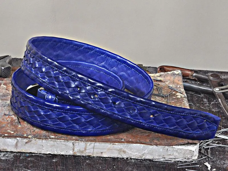 TucciPolo Blue Chequerboard Weave Mens Leather Luxury Handmade Belt
