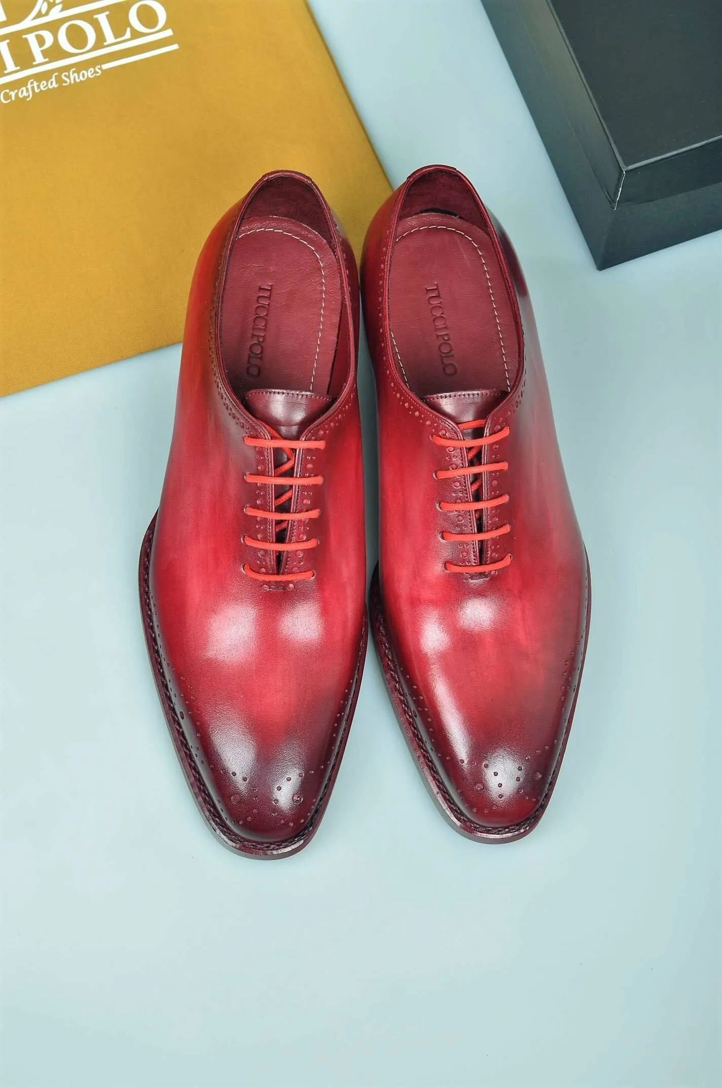 TucciPolo Burgundy Alessandro Wholecut handmade Luxury HandWelted Oxford Italian Leather Mens Shoes