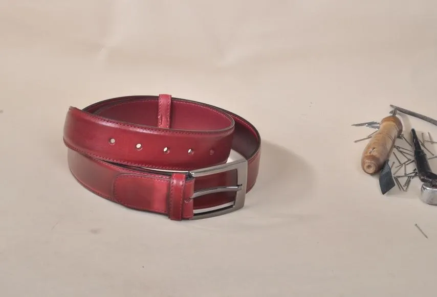 TucciPolo Burgundy Handpolished Mens Leather Luxury Belt
