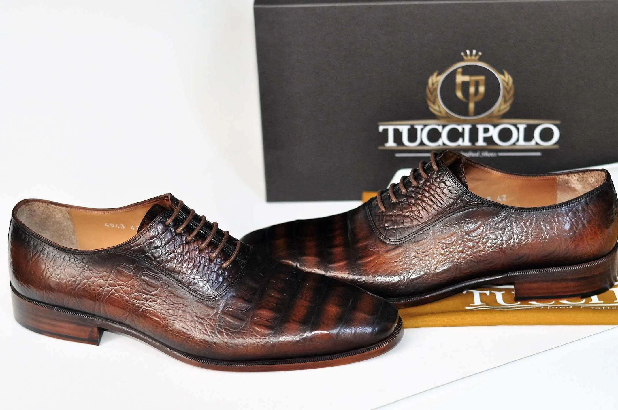 TucciPolo Crocodile Embossed Luxury Mens Handmade Oxford Brown Shoe