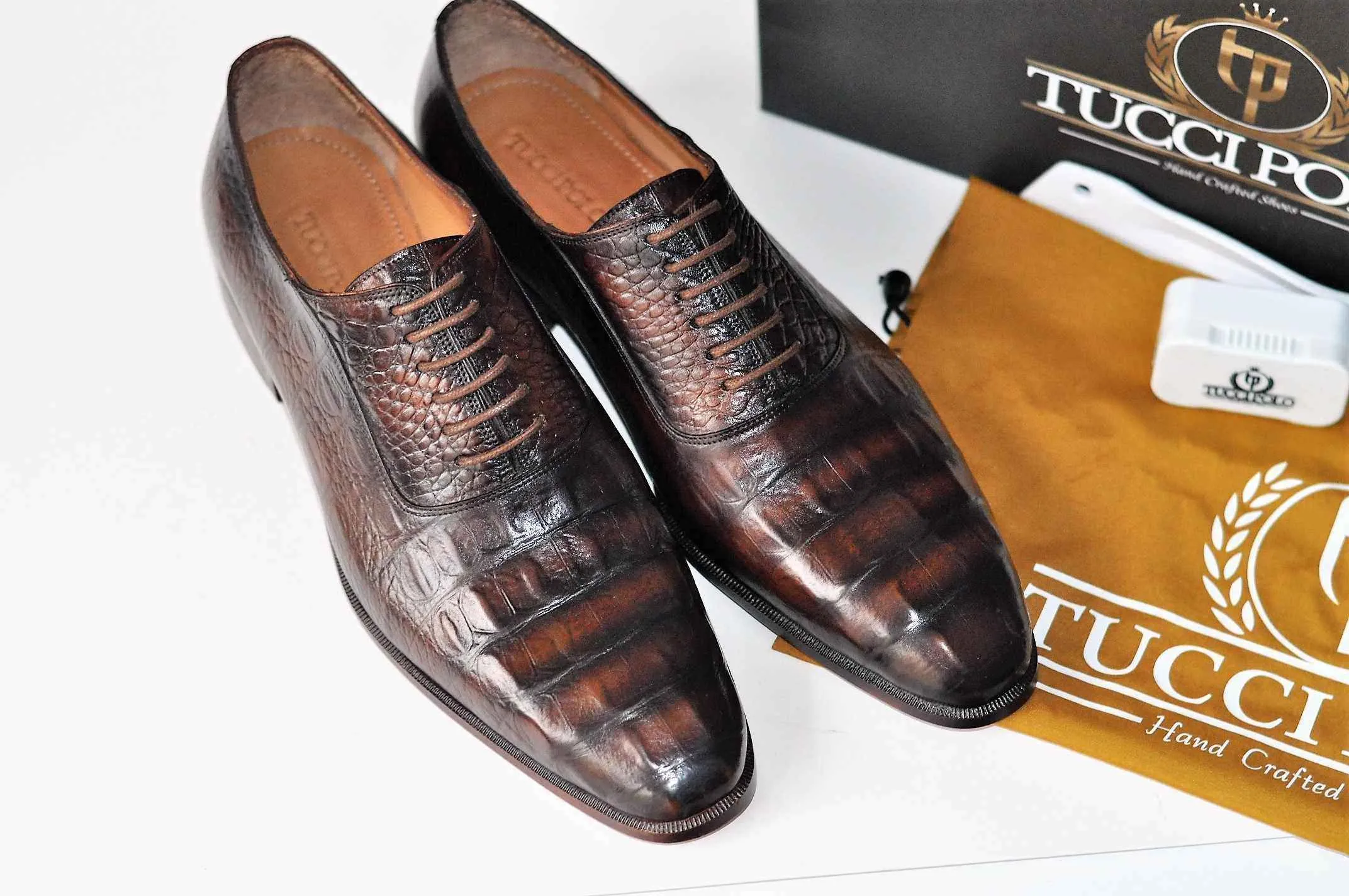 TucciPolo Crocodile Embossed Luxury Mens Handmade Oxford Brown Shoe