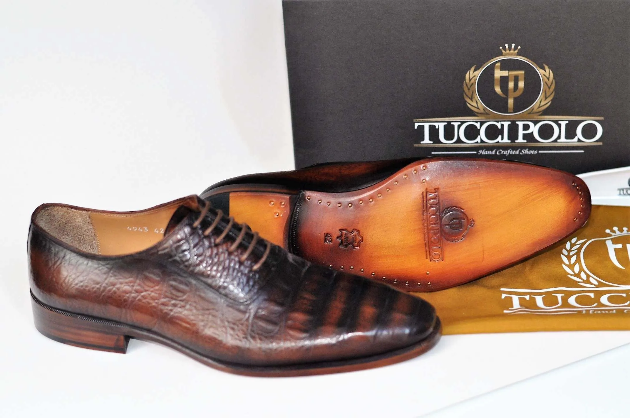 TucciPolo Crocodile Embossed Luxury Mens Handmade Oxford Brown Shoe