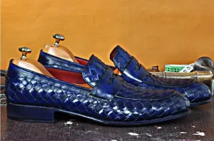 TucciPolo Digno-B Stylish Blue Chequeboard Woven Calfskin Handmade Italian Leather Loafer Shoe