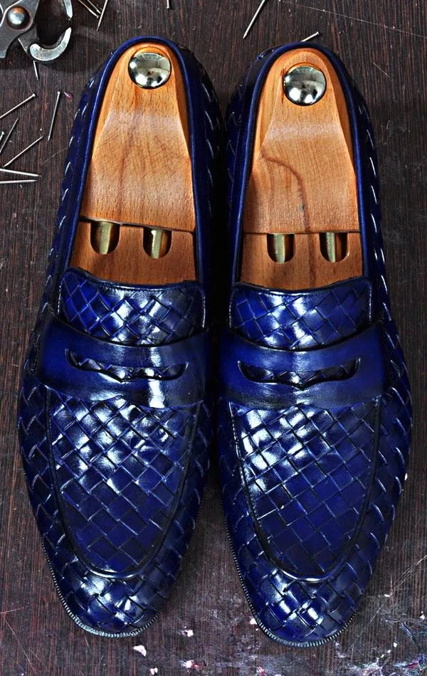 TucciPolo Digno-B Stylish Blue Chequeboard Woven Calfskin Handmade Italian Leather Loafer Shoe