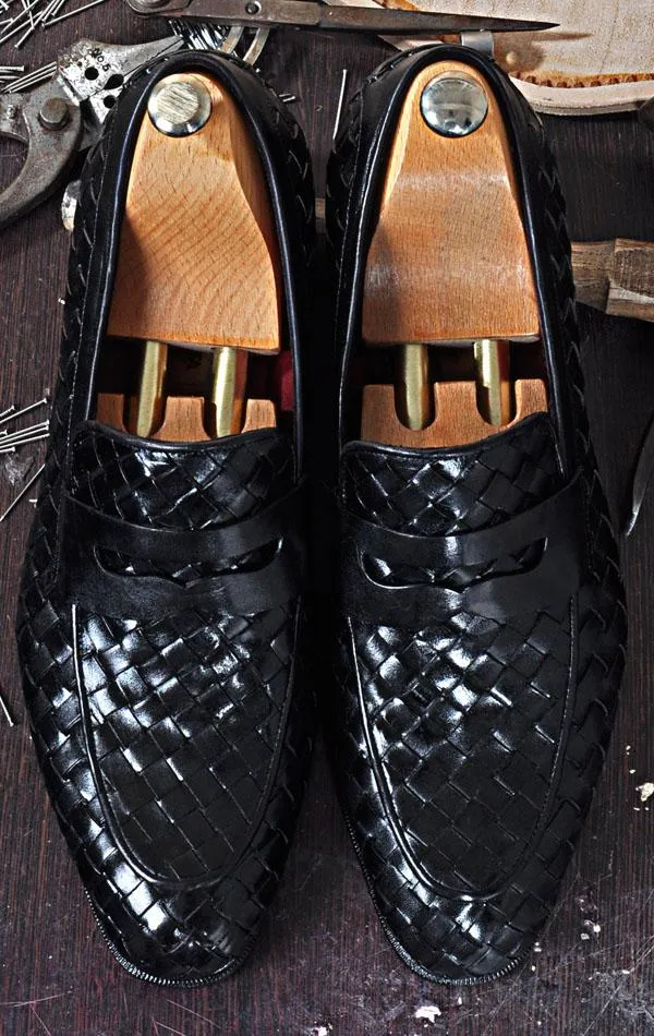 TucciPolo Digno-K Stylish Black Chequeboard Weave Calfskin Handmade Loafer Italian Leather Mens Shoe