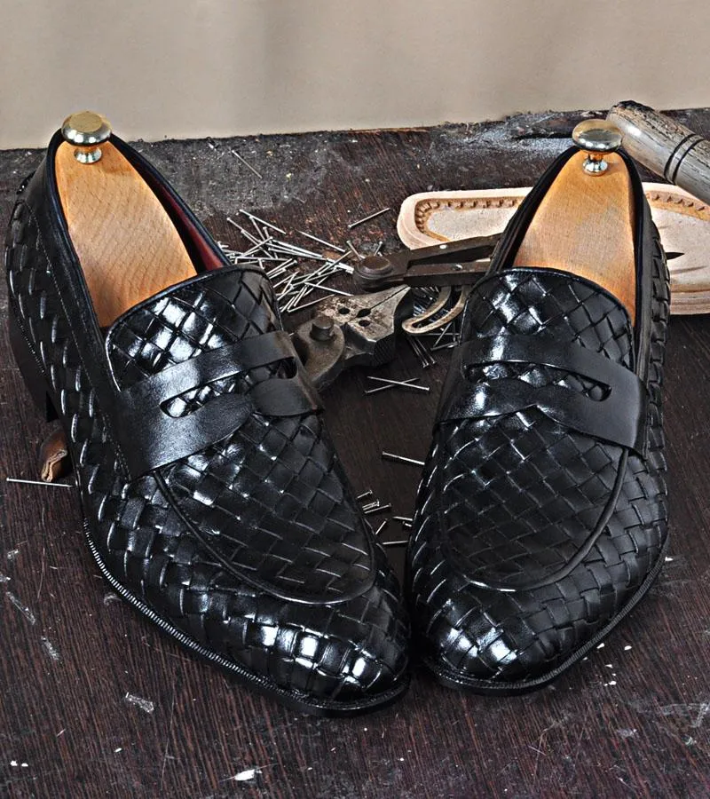 TucciPolo Digno-K Stylish Black Chequeboard Weave Calfskin Handmade Loafer Italian Leather Mens Shoe