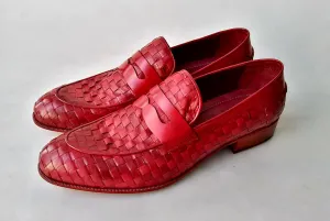 TucciPolo Digno-R Stylish Red Chequeboard Woven Calfskin Handmade Italian Leather Loafer Shoe