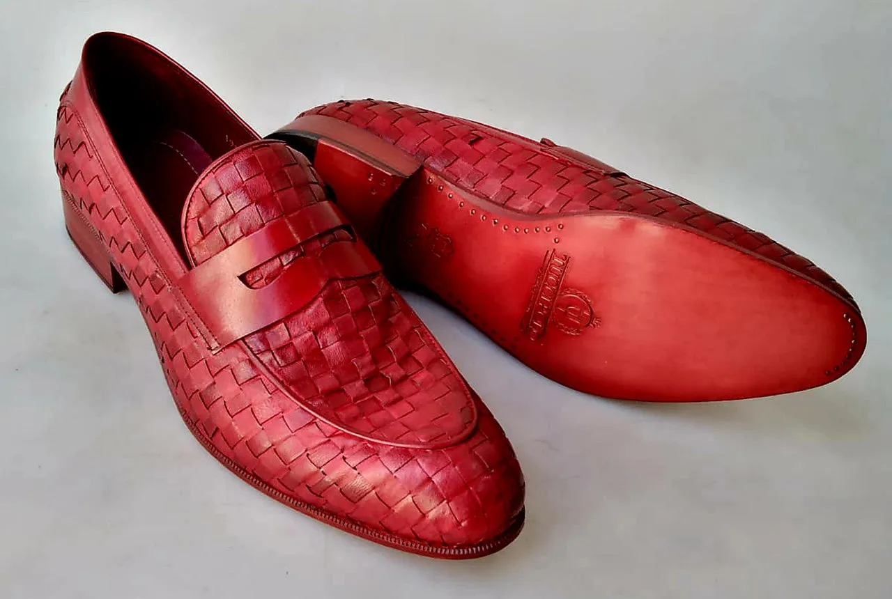 TucciPolo Digno-R Stylish Red Chequeboard Woven Calfskin Handmade Italian Leather Loafer Shoe