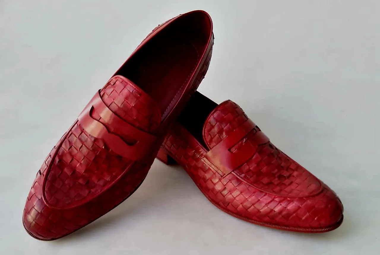 TucciPolo Digno-R Stylish Red Chequeboard Woven Calfskin Handmade Italian Leather Loafer Shoe
