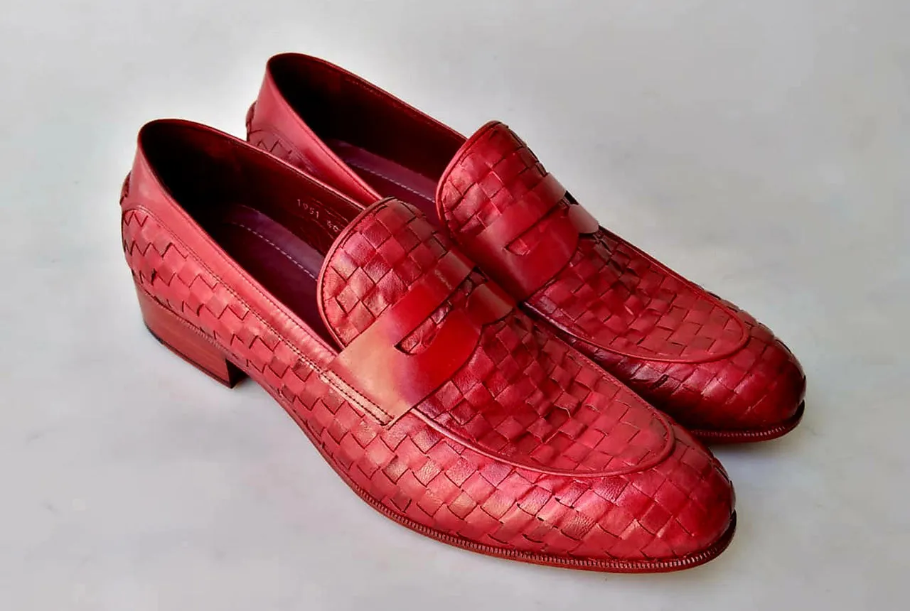 TucciPolo Digno-R Stylish Red Chequeboard Woven Calfskin Handmade Italian Leather Loafer Shoe