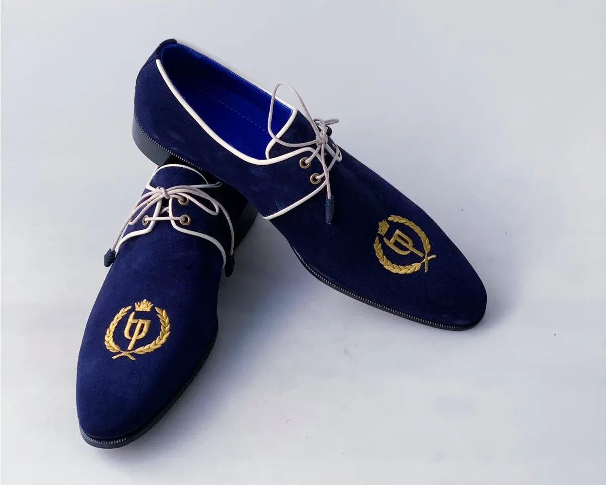 TucciPolo Exclusive Mens Italian Suede Handmade Luxury Navy Blue Lace-up Slippers