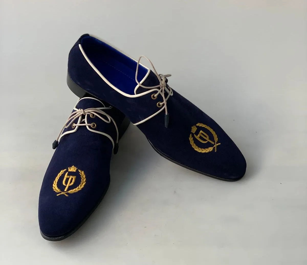 TucciPolo Exclusive Mens Italian Suede Handmade Luxury Navy Blue Lace-up Slippers
