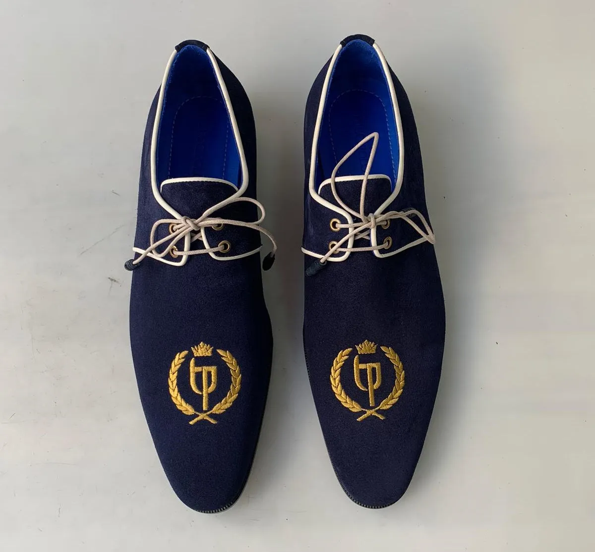 TucciPolo Exclusive Mens Italian Suede Handmade Luxury Navy Blue Lace-up Slippers