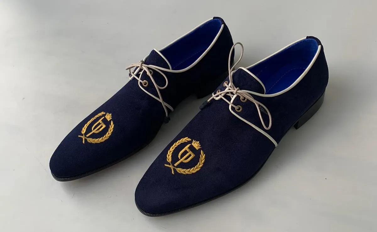 TucciPolo Exclusive Mens Italian Suede Handmade Luxury Navy Blue Lace-up Slippers