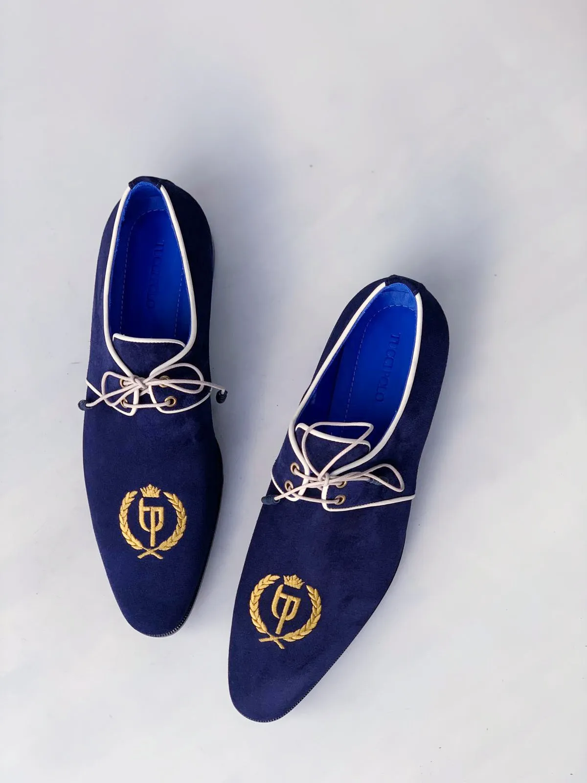TucciPolo Exclusive Mens Italian Suede Handmade Luxury Navy Blue Lace-up Slippers