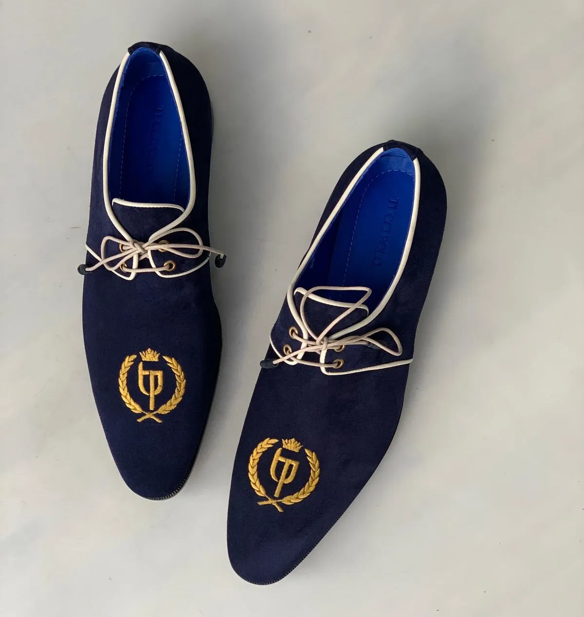 TucciPolo Exclusive Mens Italian Suede Handmade Luxury Navy Blue Lace-up Slippers