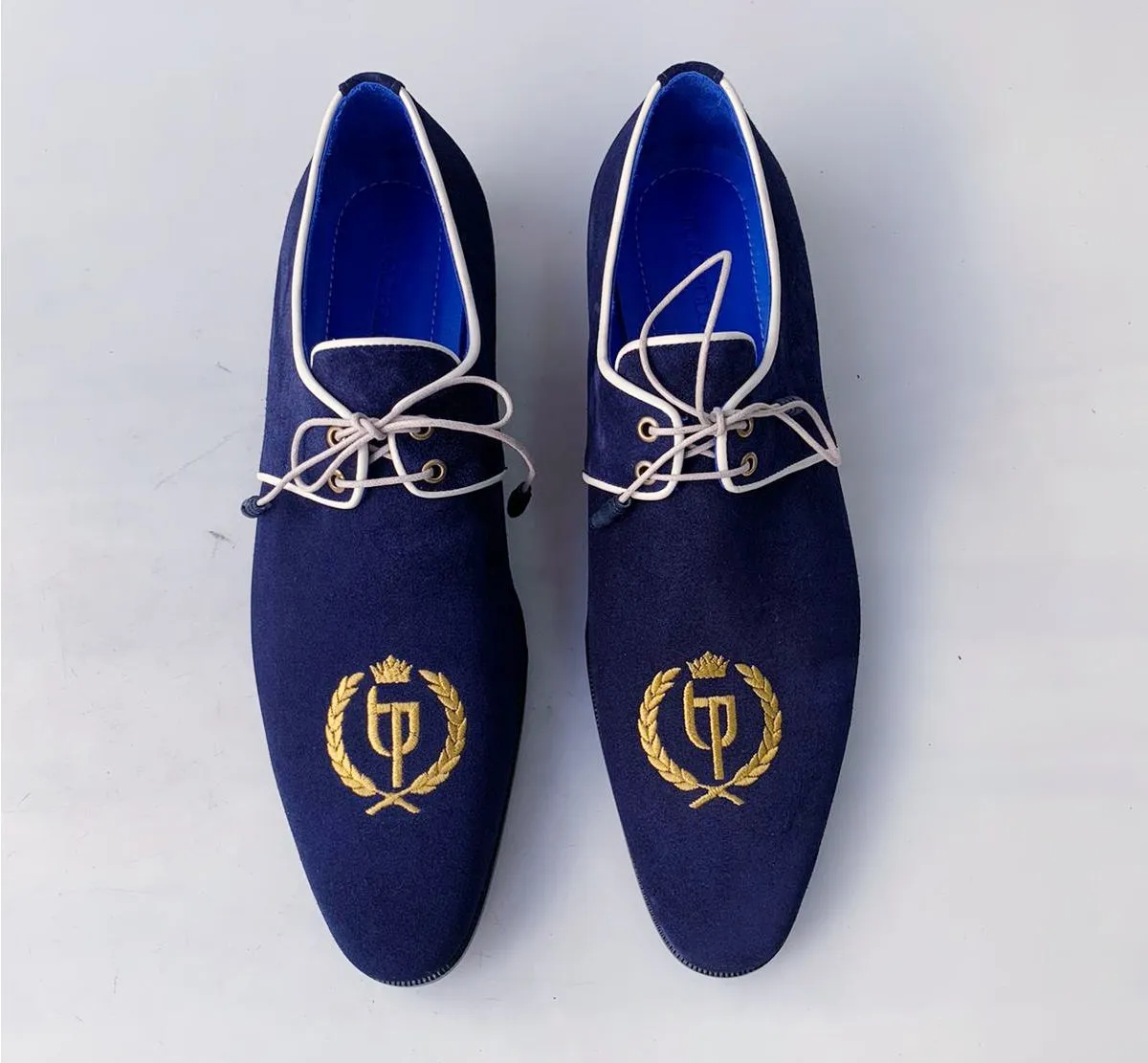 TucciPolo Exclusive Mens Italian Suede Handmade Luxury Navy Blue Lace-up Slippers