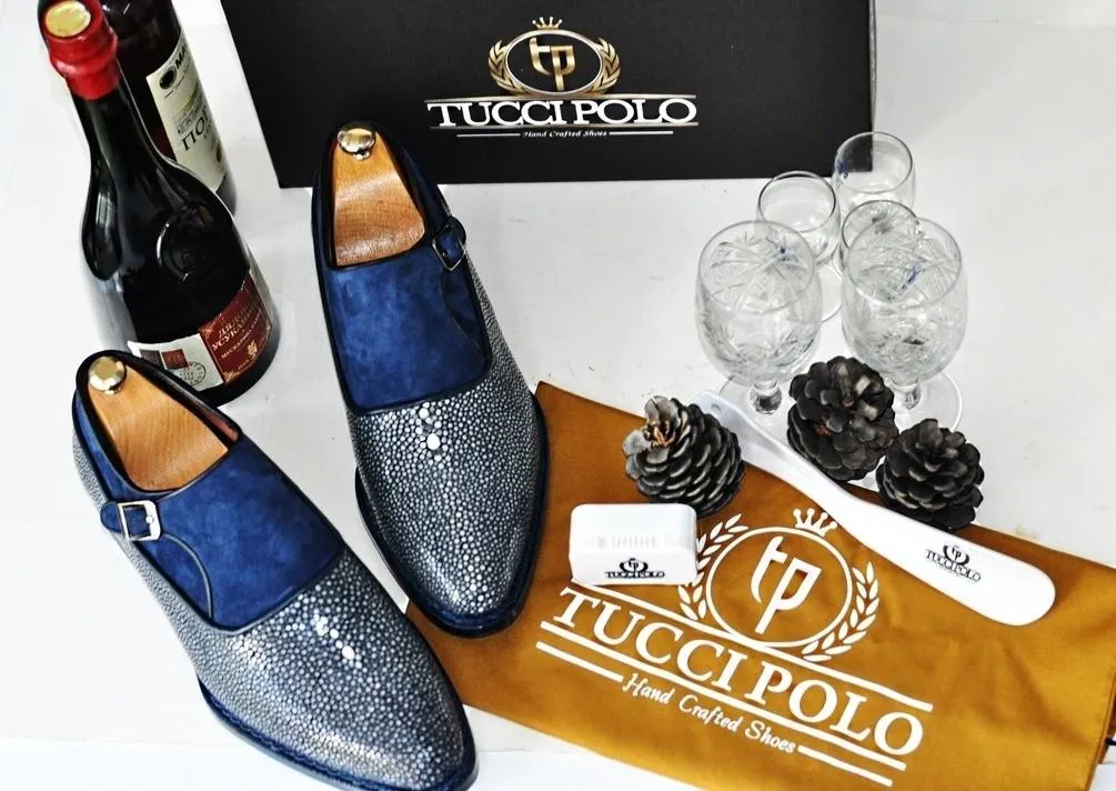 TucciPolo Genuine Blue Stingray with Half Suede Handmade Mens Luxury Shoe
