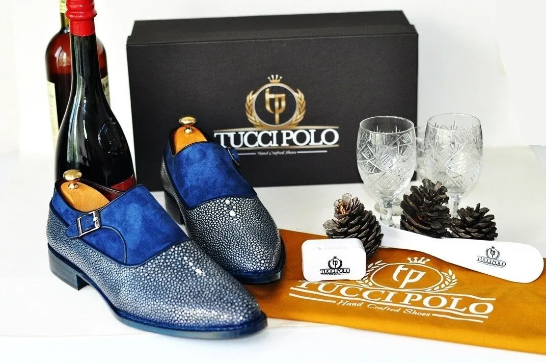 TucciPolo Genuine Blue Stingray with Half Suede Handmade Mens Luxury Shoe