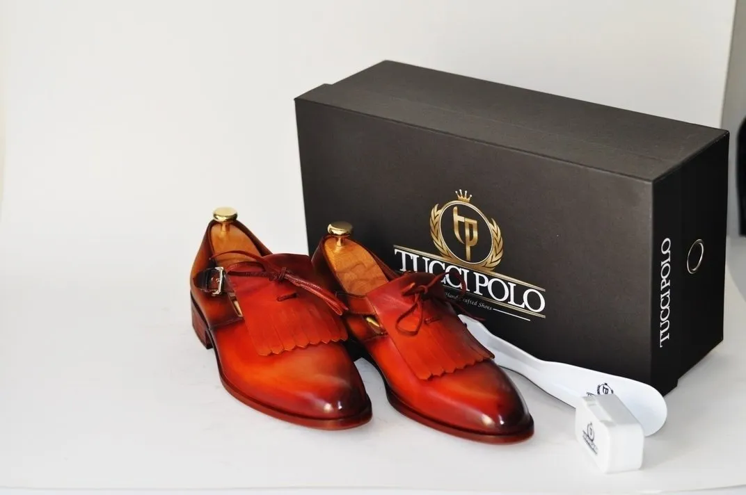 TucciPolo Handcrafted Mens Luxury Style Single Buckle Monkstrap Carmel Brown Shoe