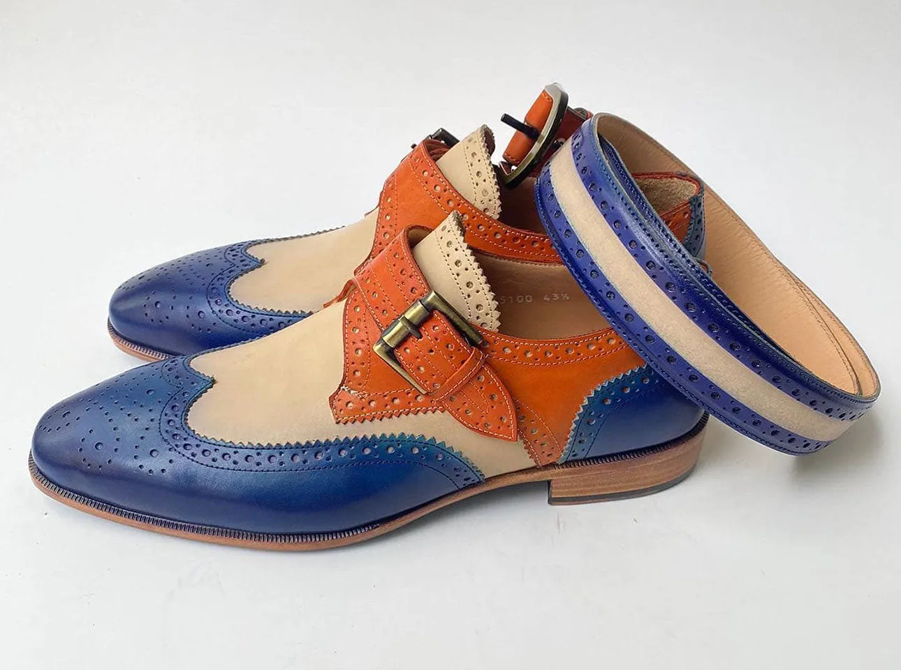 TucciPolo Handmade 3-Tone Brogue Luxury Italian all Leather Mens Dress Single Buckle Monkstrap Shoe with Matching Belt Combo